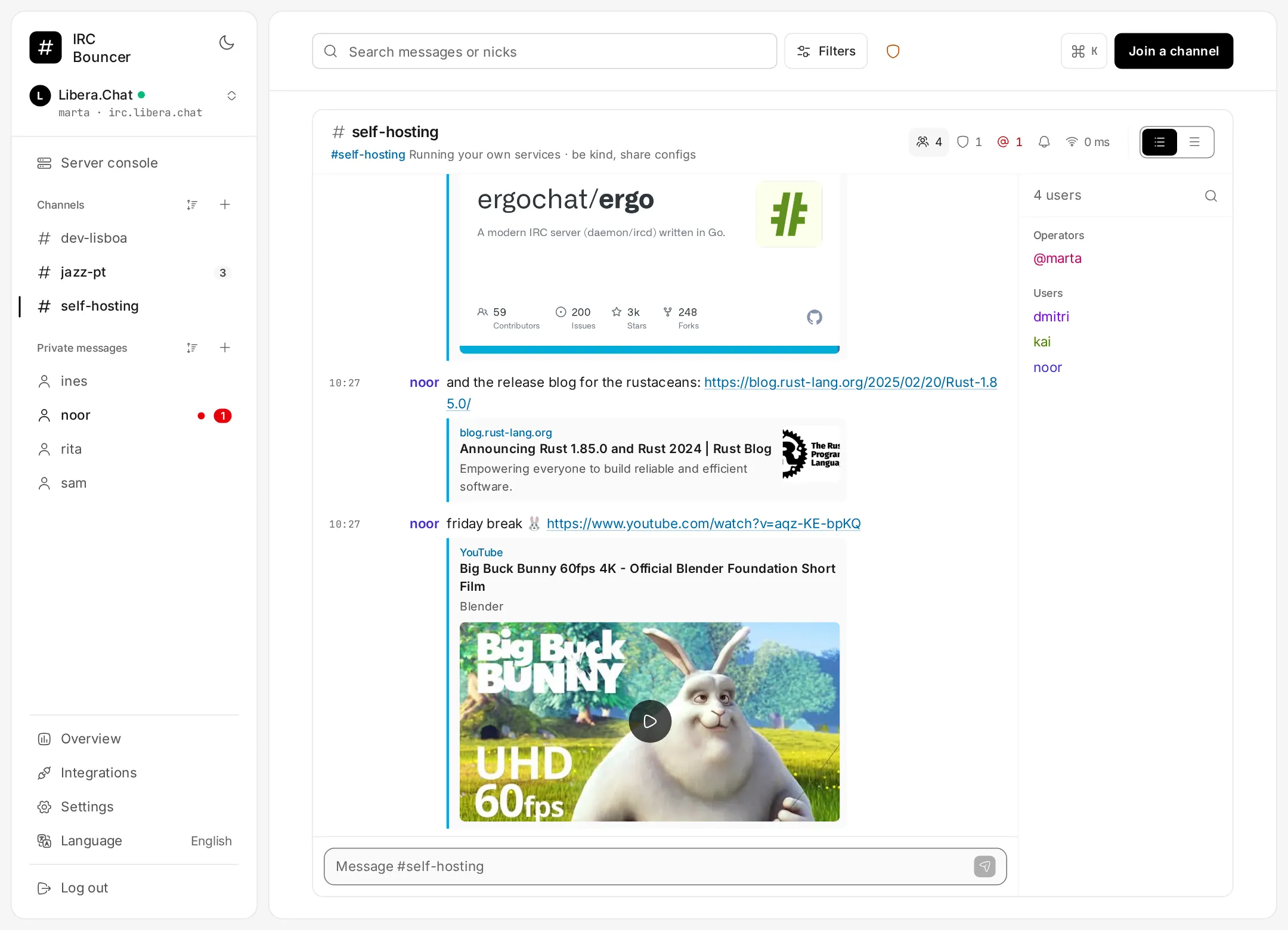 IRCBouncer on a computer: Libera.Chat channels and private chats on the left, the #self-hosting channel in the middle with link previews from GitHub, the Rust blog and a YouTube video, and the channel’s users on the right.