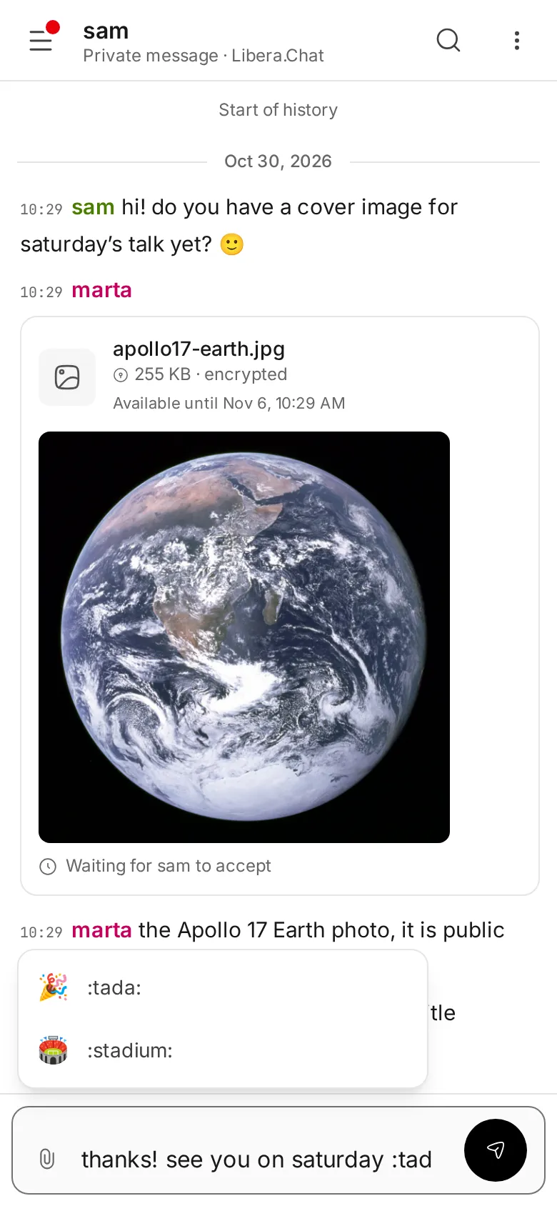 IRCBouncer on a phone: a private chat with a photo sent as an encrypted file, and the emoji list open while typing.